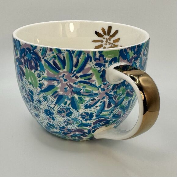 Lilly Pulitzer Coffee Mug Floral Gold Handle Ceramic Blue Purple  Tea Cup Signed - Picture 2 of 6